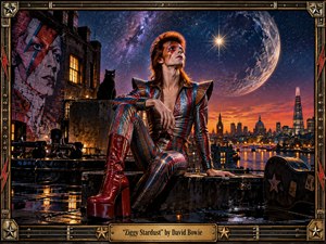 A flamboyant glam-rock figure sits above a rain-slick London skyline beneath a vast moon and star-filled sky, projecting confidence, isolation, and theatrical mystery. Metallic reds, blues, and silvers shimmer against warm city lights, while a black cat, guitar case, mural, reflections, and ornate music-inspired frame enrich the handcrafted cinematic scene.