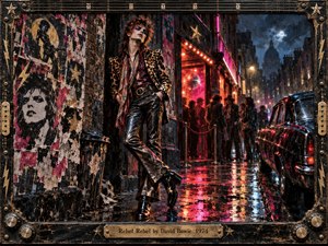 A defiant glam-rock figure leans against a poster-plastered alley outside a glowing nightclub, dressed in leopard print and black leather beneath rain-slick neon. Crimson, magenta, gold, and midnight blue reflections energize the street, while vintage cars, shadowy crowds, torn posters, and a guitar-inspired metal frame evoke rebellious 1970s nightlife.
