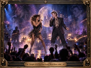 Tina Turner and David Bowie command a smoky concert stage, singing beneath a glowing moonlike spotlight. Violet and cobalt beams mingle with amber reflections, while ghostly portraits loom over the band. Silhouetted fans raise their hands in the foreground. A detailed brass-and-black amplifier-inspired frame completes the cinematic, nostalgic scene.