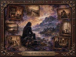 A solitary traveler sits beside a weathered guitar case, gazing across a misty lake toward a warmly lit stone home beneath rugged purple mountains. Sepia-framed memories surround the scene, blending family, music, roads, and interiors. Rich oils, acrylics, and watercolor textures create a nostalgic, reflective atmosphere within an ornate musical frame.