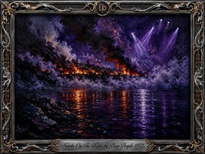 A dramatic oil-painted lakeside burns beneath towering purple-black smoke, with fiery orange reflections rippling across dark water. Violet stage-like beams cut through the haze, intensifying the ominous rock atmosphere. An ornate chrome-and-gold frame with guitar-string details surrounds the scene, finished by an engraved Smoke On The Water title plate.