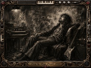 A relaxed long-haired musician lounges in a smoky 1970s blues club beside an electric guitar, vintage organ, microphone, and amplifier. Deep sepia charcoal textures, soft highlights, and drifting haze create a languid, soulful mood. An ornate musical frame surrounds the scene, finished with an engraved Lazy by Deep Purple 1972 plaque.