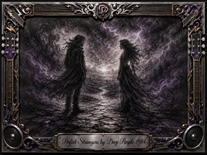 Two mysterious figures face one another on a cracked stone path beneath a stormy purple-gray sky, suggesting recognition, tension, and fate. Feathered charcoal textures merge their clothing with swirling mist, while lightning illuminates the distant horizon. An ornate chrome-and-gold musical frame surrounds the scene, finished with a scripted title plate.