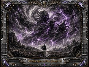 A colossal storm spirit rises from a jagged mountain wilderness, formed from swirling charcoal clouds, rain, and violet lightning. A lone rider below emphasizes its immense scale and menace. Deep blacks, silvers, and purple highlights create dramatic illumination, while intricate chrome, gold, guitar-string, and amplifier details frame the dark fantasy composition.