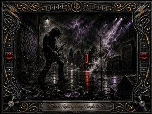A lone guitarist stands on a rain-slick city street beneath purple lightning, surrounded by drifting smoke, amplifier stacks, cables, and scattered picks. Deep charcoal textures, black shadows, silver highlights, and restrained red reflections create a brooding nocturnal mood, framed by ornate chrome, gold filigree, musical details, and vivid red lips.
