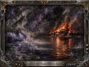 A smoky charcoal nightscape shows a lakeside casino engulfed in fire, its orange glow rippling across dark water beneath violet-black clouds. Ghostly guitar shapes, musical lines, amplifiers, and drifting haze evoke classic rock energy. An ornate chrome-and-gold frame with guitar hardware surrounds the dramatic, textured scene and engraved title plate. SongData_SmokeOnTheWater_Remastered2012_DeepPurple_1972