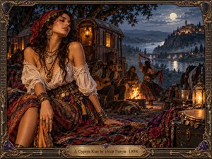 A jeweled woman rests beside a glowing caravan camp overlooking a moonlit river valley, distant bridge, and illuminated hill town. Warm firelight and lanterns contrast with cool blue night tones, while musicians, horses, layered rugs, ornate metalwork, and a decorative guitar-inspired frame create a romantic, richly textured vintage rock atmosphere.