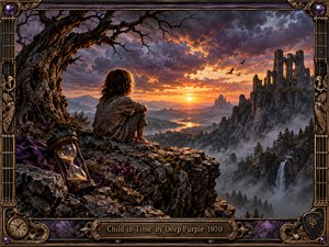 A solitary child sits on a rocky cliff beneath a twisted ancient tree, watching a fiery sunset illuminate distant mountains and ruined gothic towers. An hourglass rests nearby, reinforcing themes of time and mortality. Deep purples, smoky grays, and warm gold light create a haunting, reflective fantasy-rock atmosphere.