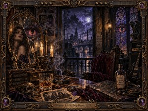 A stormy Gothic room glows with candles, violet lightning, and warm amber reflections. An ornate mirror reveals a mysterious woman and a fiery eye, while a dark guitar, skull, books, velvet chair, and aged objects deepen the ominous mood. Rich textures and carved framing create a dramatic handcrafted fantasy scene.
