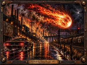 A blazing fireball tears across a stormy industrial night above factories, rail lines, and a speeding classic car. Fiery orange light reflects across wet pavement while smoke, sparks, steel structures, and distant lamps create fierce momentum. The richly textured, dramatic artwork is enclosed by an ornate bronze mechanical frame.