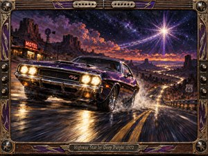 A powerful purple muscle car charges along a wet desert highway beneath a blazing star-filled sky, framed by glowing mesas, a roadside motel, and winding Route 66. Dramatic gold and violet light, tire smoke, reflective pavement, and richly textured oil-painting detail create a fierce, nocturnal atmosphere of speed and freedom.