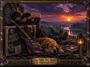 A weary long-haired rocker rests beside a purple electric guitar and sleeping dog on a rugged overlook at sunset. Warm orange light cuts through deep violet clouds above a winding river and distant city. Vintage road cases, lantern, records, and an ornate wood-and-metal frame evoke gritty 1970s hard rock.