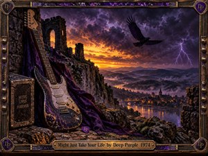 A weathered electric guitar rests against ancient stone ruins above a glowing riverside town beneath a violent purple storm. Lightning, a soaring raven, fiery sunset clouds, and deep violet fabric create a brooding 1970s rock atmosphere. Ornate bronze framing, worn textures, and dramatic cinematic lighting give the scene mythic intensity.