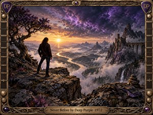A lone figure stands on a rocky cliff above a misty river valley, facing a glowing sunrise beneath dramatic purple storm clouds. Jagged mountains, ruined towers, waterfalls, and a weathered electric guitar deepen the mysterious mood. Ornate bronze framing, jewel accents, and warm golden light create a richly detailed fantasy rock atmosphere.
