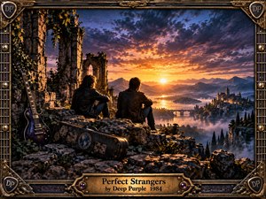Two figures sit among ancient stone ruins overlooking a misty mountain valley at sunset, with a purple electric guitar and worn case nearby. Golden light reflects across distant water while deep violet clouds gather overhead. The richly detailed painterly scene feels nostalgic, mysterious, and contemplative, framed by ornate rock-inspired metalwork.
