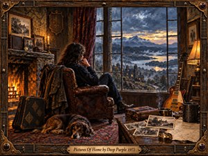 A solitary musician sits beside a glowing fireplace, gazing through tall windows toward misty mountains and a distant manor at sunset. Warm amber firelight contrasts with cool blue-gray scenery, creating a reflective, homesick mood. Framed photographs, maps, a resting dog, guitar, and richly textured furnishings deepen the nostalgic oil-painted atmosphere.
