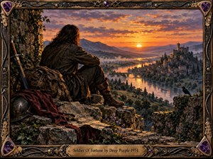 A weary traveler rests on ancient stone ruins above a misty river valley at sunset, gazing toward a distant castle. Warm amber light contrasts with deep purples and shadowed mountains. Weathered gear, a raven, map, sword, and ornate guitar-inspired frame deepen the reflective, nostalgic mood of the richly detailed painting.