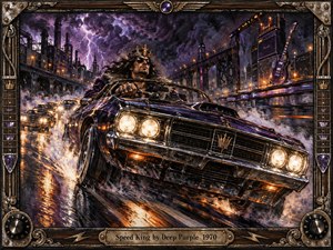 A crowned driver tears through a rain-soaked industrial night in a black muscle car, headlights blazing beneath violent purple lightning. Smokestacks, bridges, glowing lamps, and pursuing cars amplify the reckless energy. Rich oil-paint textures, metallic reflections, orange sparks, and a guitar-themed frame create a dramatic 1970 hard-rock atmosphere.