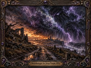 A storm forged giant looms within swirling violet clouds above a ruined coastal landscape, where a wet road leads past broken arches toward distant fortress remains. Orange sunset glow clashes with electric lightning, creating a tense, mythic mood. Painterly textures, deep shadows, and an ornate musical frame heighten the epic heavy rock atmosphere.