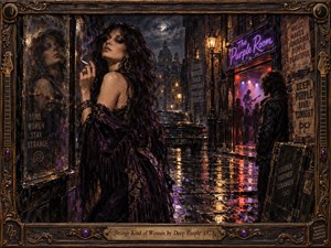 A mysterious woman stands beside a rain-streaked window on a neon-lit 1970s street, wrapped in dark purple fabric and cigarette smoke. Wet pavement reflects amber lamps and violet club light, while shadowed figures and a vintage car deepen the dangerous, seductive mood. Rich painterly textures and ornate musical framing complete the scene.
