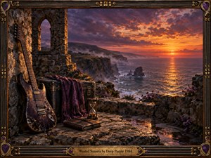 A weathered electric guitar rests beside a stone ruin above a dramatic ocean sunset, surrounded by purple cloth, an hourglass, and a worn journal. Golden light spreads across crashing waves beneath violet clouds, creating a reflective, melancholic mood. An ornate dark wood and brass frame completes the richly detailed painterly scene.
