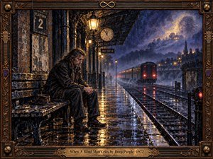 A weary man sits alone on a rain-soaked railway platform as a departing train disappears into the blue-black night. Warm gas lamps reflect across slick stone, contrasting with cold storm light and distant buildings. Rich painterly textures, ornate musical framing, and subdued bronze details create a deeply mournful, reflective atmosphere.