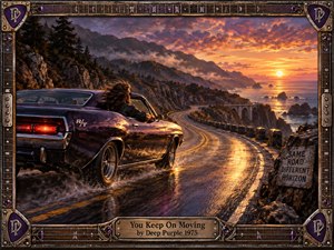 A dark vintage muscle car races along a rain-slick coastal highway toward a blazing sunset, framed by rugged mountains, ocean cliffs, and mist. Warm gold, purple, and blue reflections create a restless, nostalgic mood. Ornate guitar-inspired wood and metal framing reinforces the handcrafted 1970s rock atmosphere.