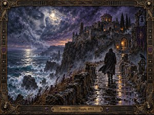A solitary traveler crosses a rain-slick stone path toward a cliffside monastery above a violent moonlit sea. Purple storm clouds, silver surf, amber windows, and weathered rock create a brooding, mystical atmosphere. The richly textured painting uses dramatic light, deep shadows, ornate framing, and gothic architectural detail.