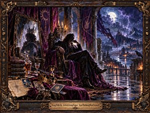 A brooding, long haired figure reclines on an ornate throne within a ruined palace balcony, overlooking a storm lit moonlit city. Rich purples, deep blues, and burnished golds dominate the gothic composition. Candlelight, lightning, a crowned reflection, scattered symbols, and an elaborate musical frame create a dark, regal, dreamlike atmosphere.