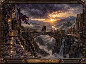 A couple stands together on a stone bridge above a misty mountain gorge, framed by ruined towers, waterfalls, purple flowers, and a tattered banner. Golden sunset light breaks through storm clouds, illuminating the winding river below. Rich painterly textures and an ornate bronze frame create a romantic, dramatic atmosphere.