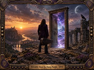 A lone traveler carrying a guitar case stands before a weathered doorway opening into a glowing purple cosmic landscape. Golden sunset light floods a vast valley of rivers, castles, bridges, and ruins, while a raven and moon deepen the mysterious mood. Ornate bronze guitar-themed framing gives the richly detailed fantasy scene a handcrafted rock-album character.