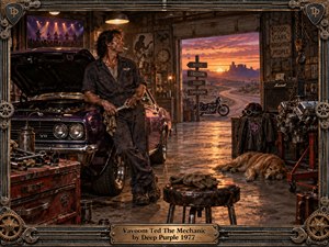 A rugged mechanic leans against a deep purple muscle car inside a worn, tool-filled garage glowing with warm sunset light. Rich browns, purples, orange reflections, exposed engines, metal hardware, and a sleeping dog create a gritty, nostalgic rock atmosphere, framed by ornate industrial details and distant desert roads.