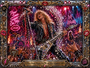A flamboyant glam-rock singer commands a blazing arena stage, gripping a chrome microphone and mirrored electric guitar amid raised hands, confetti, flames, and glittering sugar-like crystals. Hot pink, crimson, blue, gold, and chrome dominate the acrylic-style painting, framed by ornate musical hardware, red lips, studs, and a polished engraved title plate.