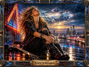 A windswept woman in black leather sits beside an electric guitar on a rain-slick rooftop overlooking a glowing city at dusk. Neon reds and blues contrast with stormy skies and golden sunset light, creating a charged, yearning mood. Photorealistic detail, reflections, dramatic clouds, and an ornate guitar-inspired frame complete the scene.