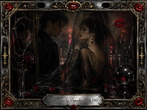 A gothic noir couple confronts each other beside a rain-darkened city, their tense intimacy reflected in a fractured mirror. Deep blacks, crimson lips, roses, and muted gold dominate under smoky, theatrical lighting. Ornate chrome-and-gold framing, lipstick, glassware, and reflective details create a seductive, mysterious 1980s-inspired atmosphere.