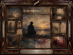 A solitary figure sits beside calm water beneath a glowing dusk sky, surrounded by faded memories in aged rosewood frames. Muted browns, charcoal blues, tarnished gold, and soft amber light create a contemplative mood. Painterly textures blend oil, acrylic, and watercolor, while musical hardware, vinyl details, and an engraved title plate complete the nostalgic composition.