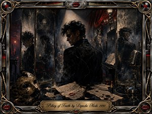 A solitary dark-haired figure stands before fractured mirrors in a shadowy, decadent interior, surrounded by handwritten pages, a theatrical mask, lipstick, whiskey, piano keys, and a vintage microphone. Deep blacks, tarnished gold, crimson accents, and smoky amber light create a brooding oil-painted atmosphere of secrecy, self-reflection, temptation, and uneasy truth.
