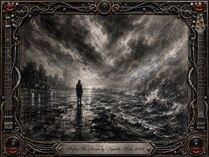 A solitary figure stands at a storm-darkened shoreline beneath swirling charcoal clouds, facing rough water and a distant city glow. Deep blacks, smoky grays, and silvery highlights create a brooding, reflective mood. An ornate chrome-and-gold musical frame with red lips surrounds the scene, finished by an engraved title plate.
