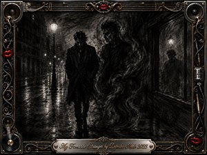 A solitary man walks a rain-soaked city street beneath glowing lamps while a smoky, shadowlike stranger emerges beside him, suggesting a haunting double. Deep charcoal textures, silvery reflections, and velvety blacks create a tense nocturnal mood. An ornate chrome-and-gold musical frame, red lips, speakers, microphone details, and engraved title plate complete the composition.