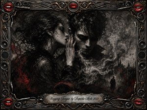 A shadowed woman whispers into a brooding mans ear as smoky words, tangled thoughts, and ghostly city forms drift through a deep charcoal atmosphere. Black, gray, silver, and crimson tones create a tense, secretive mood. Ornate chrome, gold filigree, red lips, speakers, cables, and an engraved title plate frame the gothic composition.