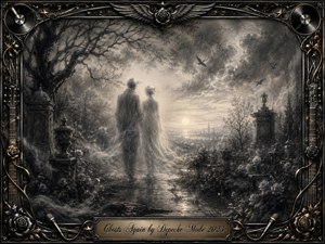 Two translucent figures walk through a misty cemetery garden toward a pale horizon, evoking memory, mortality, and quiet companionship. Deep charcoal textures, smoky grays, luminous highlights, bare trees, roses, birds, and weathered monuments create a melancholic calm. An ornate black-metal frame with gold accents, musical motifs, and an engraved title plate completes the gothic composition.