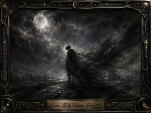 A solitary figure stands beneath a glowing moon, wrapped in a sweeping charcoal cloak that dissolves into smoky night clouds above a distant city skyline. Deep blacks, silver grays, and faint blue tones create a lonely, protective mood. An ornate black-and-gold musical frame surrounds the dramatic, richly textured charcoal composition.