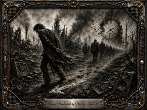 A lone, bowed figure moves through a ruined industrial wasteland as a distant crowd disappears beneath a shattered clock. Deep charcoal textures, smoky grays, broken electronics, dead trees, and harsh shadows create a bleak, regressive mood. An ornate rusted-metal frame with gold accents and musical details surrounds the dramatic composition.