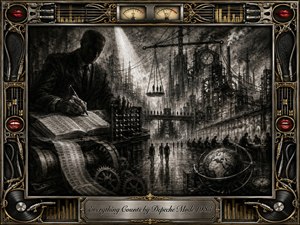 A shadowed accountant dominates a bleak industrial city, recording figures beside an abacus as workers, scales, machinery, and a globe suggest power and control. Deep charcoal blacks, smoky grays, dramatic shafts of light, and intricate textures create an oppressive mood, framed by ornate chrome, gold, audio equipment, and vivid red lips.