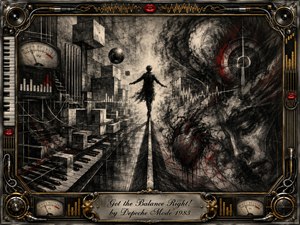 A solitary figure balances along a narrow central ridge between rigid industrial geometry and swirling organic chaos. Deep feathered charcoal, smoky grays, vivid red accents, and subtle gold highlights create a tense, dramatic mood. Musical instruments, VU meters, cables, speakers, and keyboard motifs enrich the ornate metallic frame and engraved title plate.