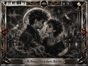 A young couple leans toward one another in a dreamlike nocturnal cityscape, rendered in richly smudged charcoal. Floating feathers, sound waves, musical notation, and mist create a romantic, questioning mood. A polished chrome-and-gold frame with red lips, piano keys, vinyl, and cassette details surrounds the softly illuminated scene.