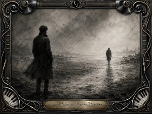 A solitary figure watches another recede across a fogbound shoreline, capturing quiet separation and emotional resignation. Deep charcoal textures, smoky grays, wet reflections, and pale mist create a somber, haunting atmosphere. An ornate black-and-gold musical frame features strings, records, piano keys, cables, and an engraved Depeche Mode title plate.