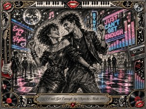 A joyful young couple dances through a neon-lit 1980s city night, surrounded by reflective checkerboard pavement, glowing signs, equalizer bars, music notes, and a disco ball. Deep feathered charcoal textures create dramatic depth, while electric pink, blue, red, chrome, and gold accents energize the ornate music-themed frame and engraved title plate.