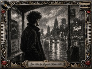 A solitary young man waits beside a rain-soaked city street, gazing toward glowing buildings and distant headlights with quiet longing. Deep feathered charcoal textures create a moody black-and-gray nocturnal atmosphere, while wet pavement reflects soft light. An ornate chrome-and-gold music-themed frame, red lips, cassette details, and engraved title plate complete the nostalgic composition.