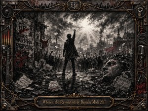 A lone figure raises a defiant fist before a shadowy protest crowd in a ruined industrial city, surrounded by cracked pavement, torn posters, graffiti, and a fallen stone head. Deep charcoal textures, smoky blacks, grays, crimson accents, and dramatic light create an urgent revolutionary mood, framed by ornate metal, cables, and gold detailing.